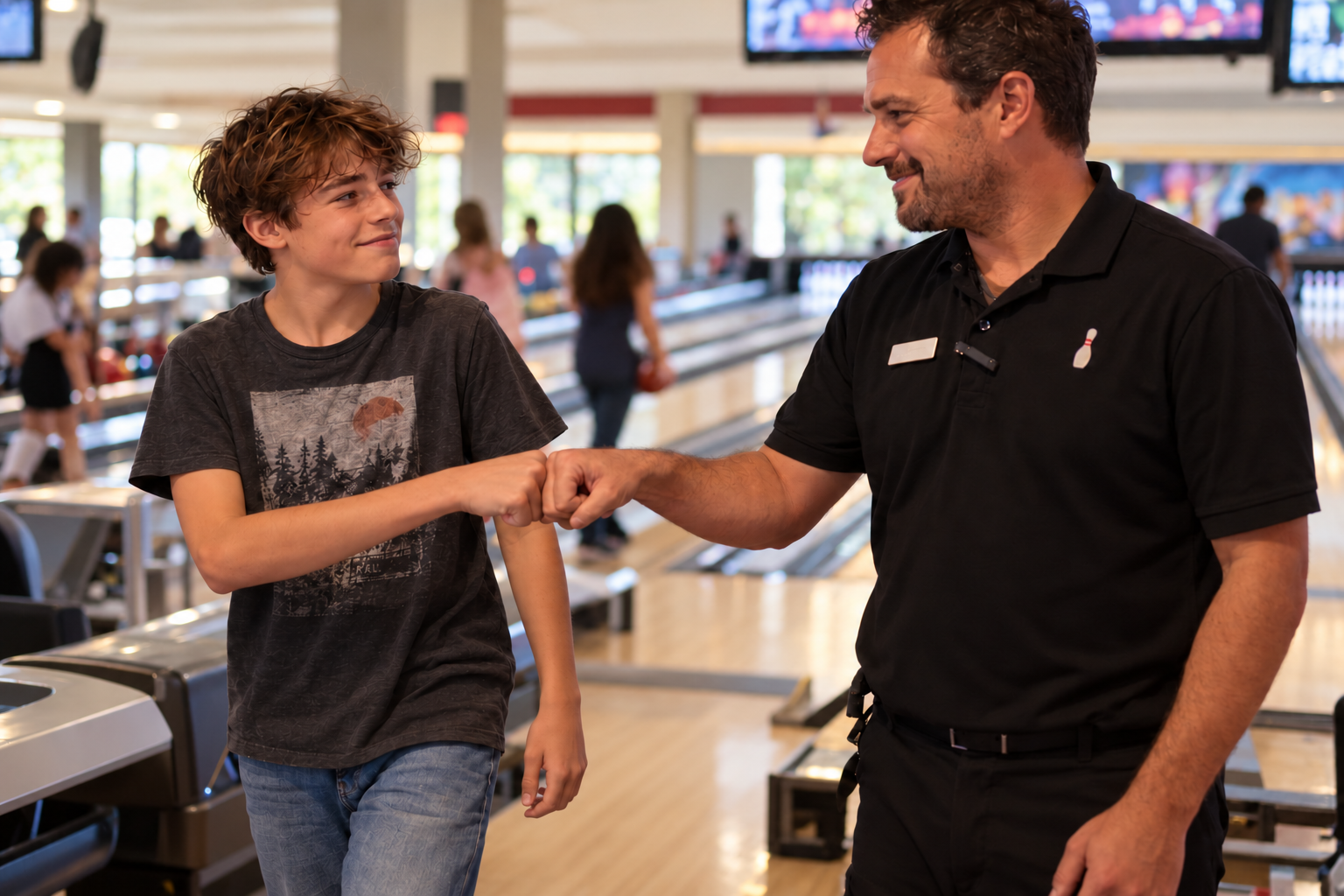 A staff member fist-bumping a teenager on the lanes